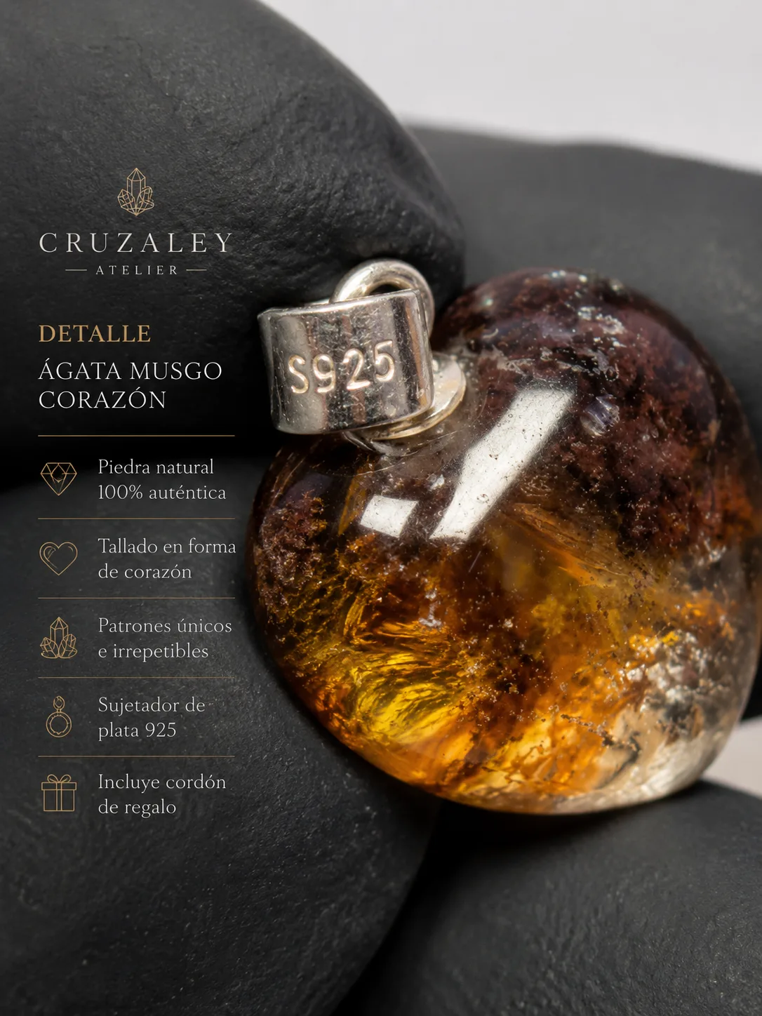 Dije de Ágata Musgo Natural | Corazón Pulido en Plata Ley .925